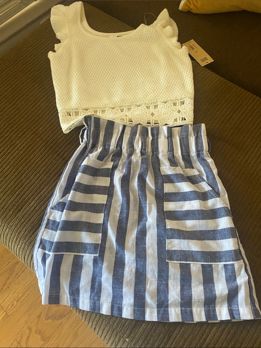 SHEIN Blue and White Vertical Stripe Paperbag Mini Skirt